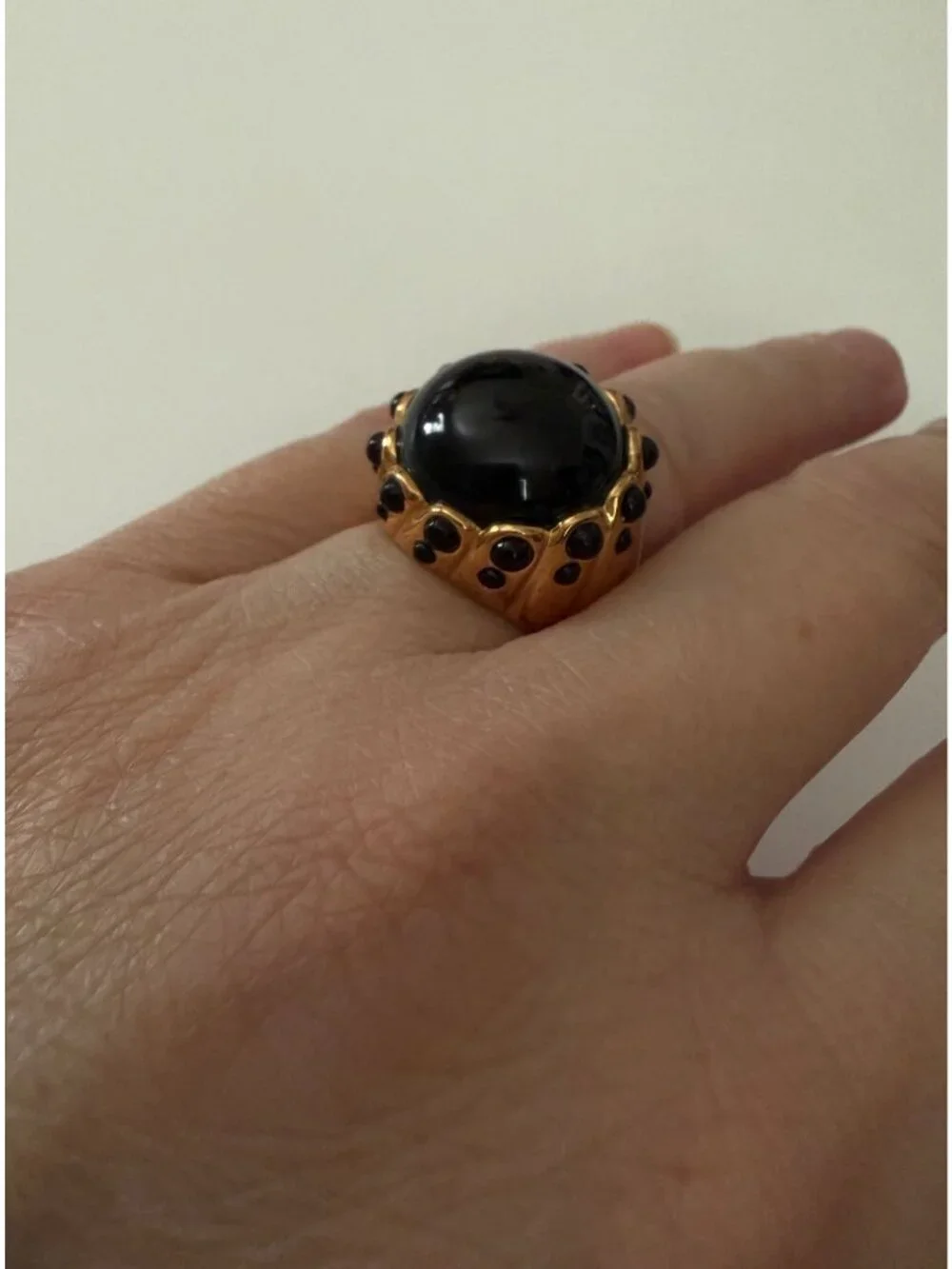J Crew Adjustable Gold-Tone Ring Large Black Cabochon Statement Cocktail Sz 6-7